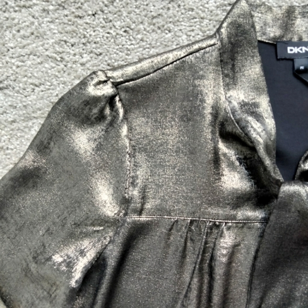 NWT PS DKNY Gold Metallic Tie Neck Long Sleeve Blouse Top NEW - Picture 6 of 12